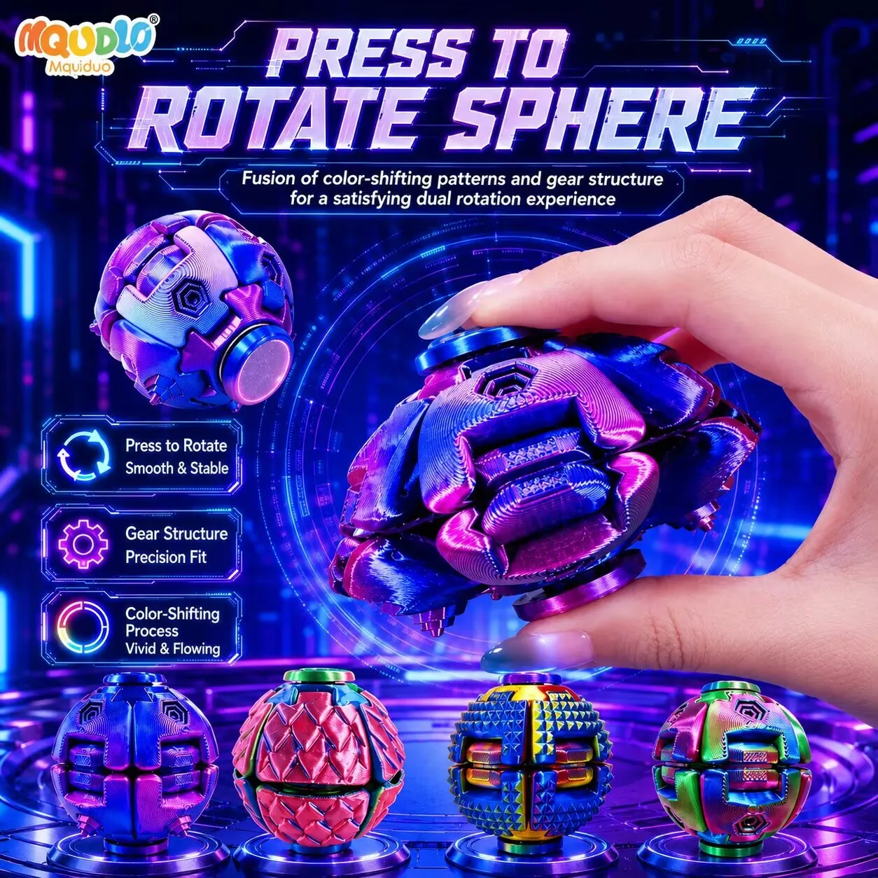 MQUDUO Press to Spin Soccer Fidget Ball, Palm Sized Finger Spinner Gyro with Colorful 3D Printed Texture