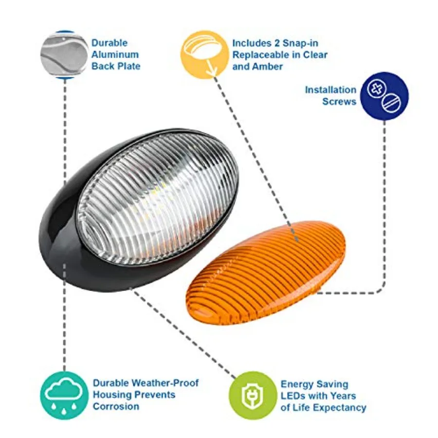 RV 12V LED Oval Porch Utility Light, Clear and Amber Lenses for Motorhomes, Campers, Trailers, 5th Wheels Black