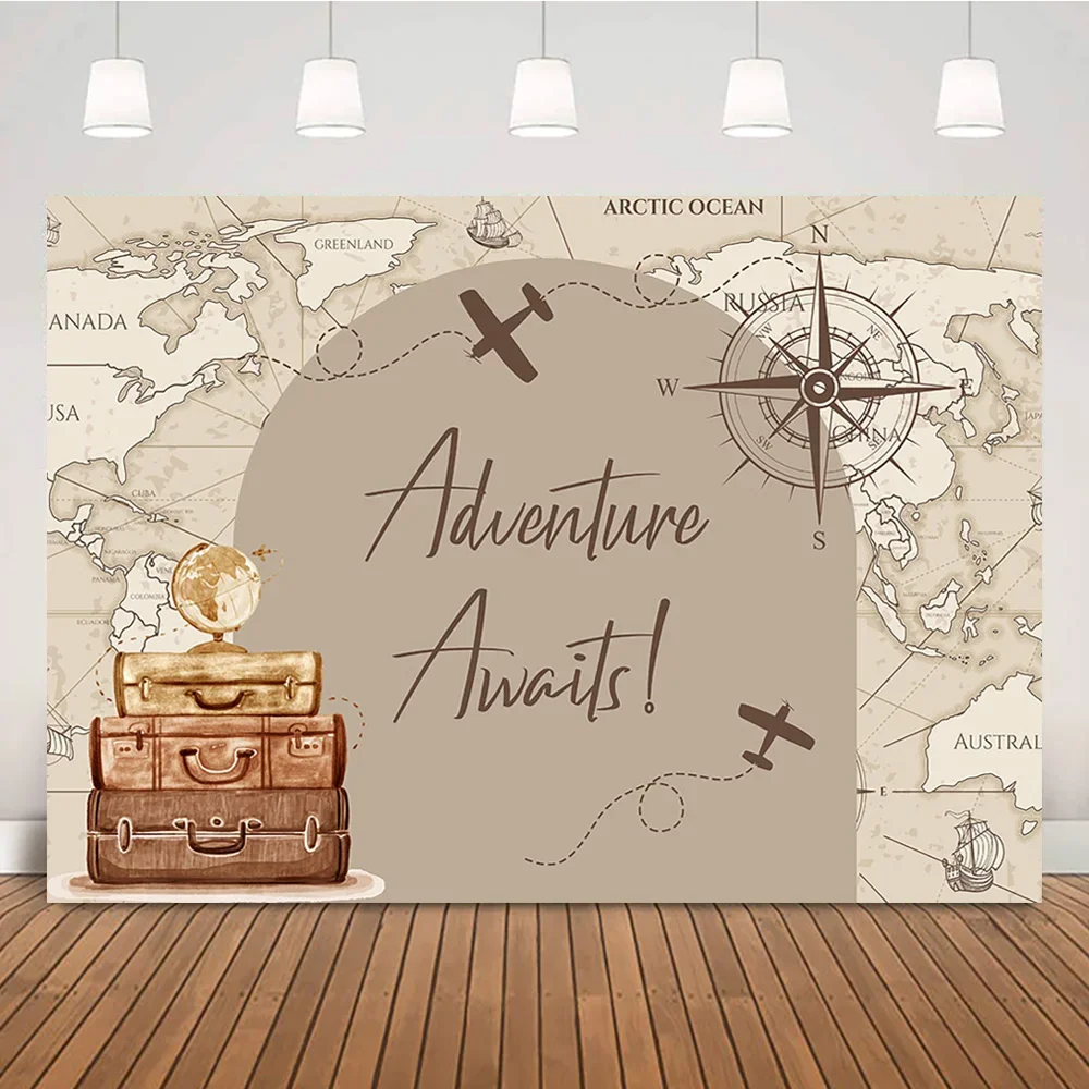 Adventure Awaits Backdrop Kids Baby Shower Birthday Background Boy Travel Photography Decor World Map Treasure Photo Studio Prop