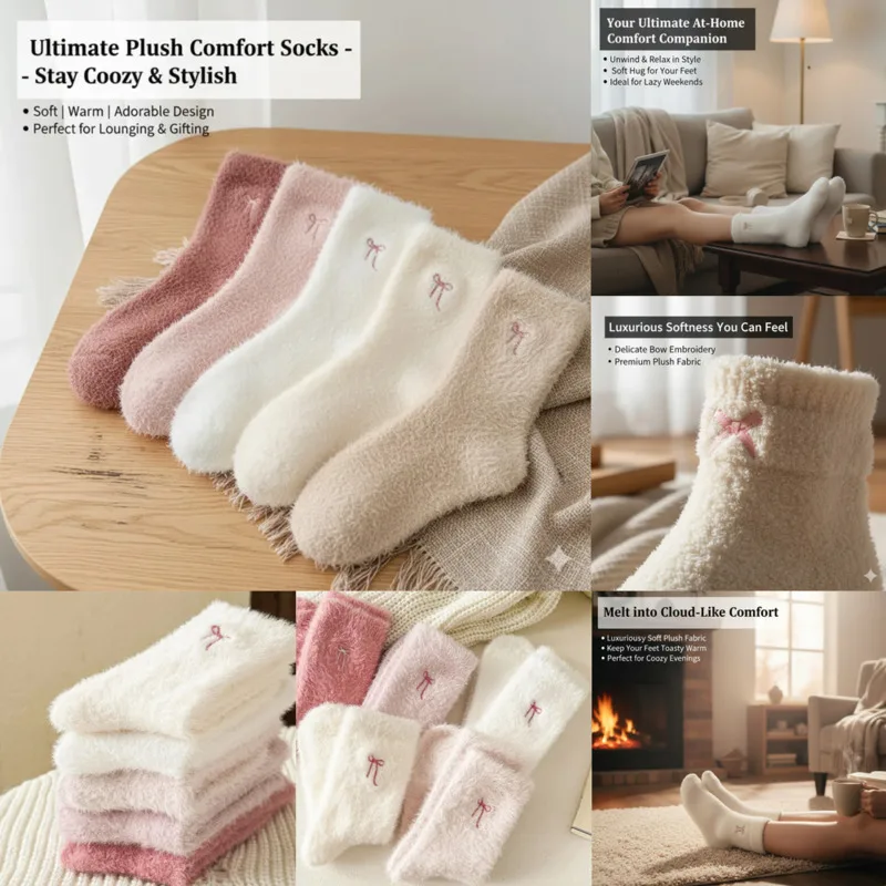

Mink Fleece Bow Y2K Socks Women Autumn Winter Plush Cute Thickened Cute Thickened Mid-Calf Sleep Warm Socks Cozy Homewear New