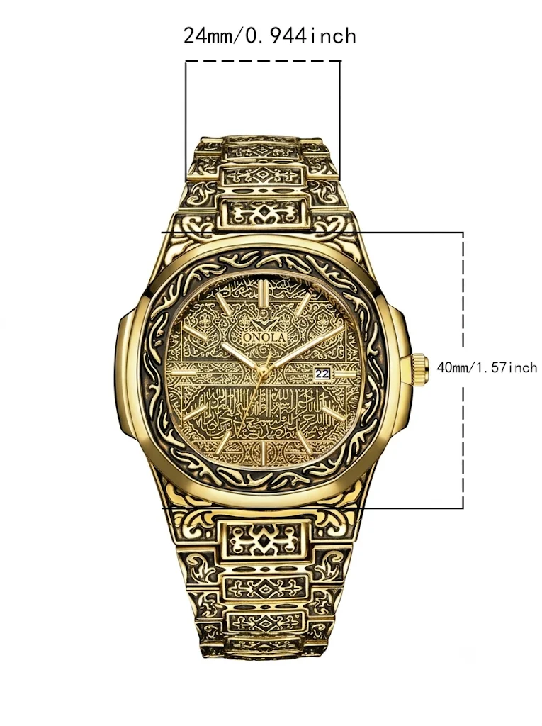 ONOLA Men's Watch Fully Carved Alloy Strap Quartz Calendar Retro Gold Luxury Watch Waterproof Men's Daily Necessities Gift