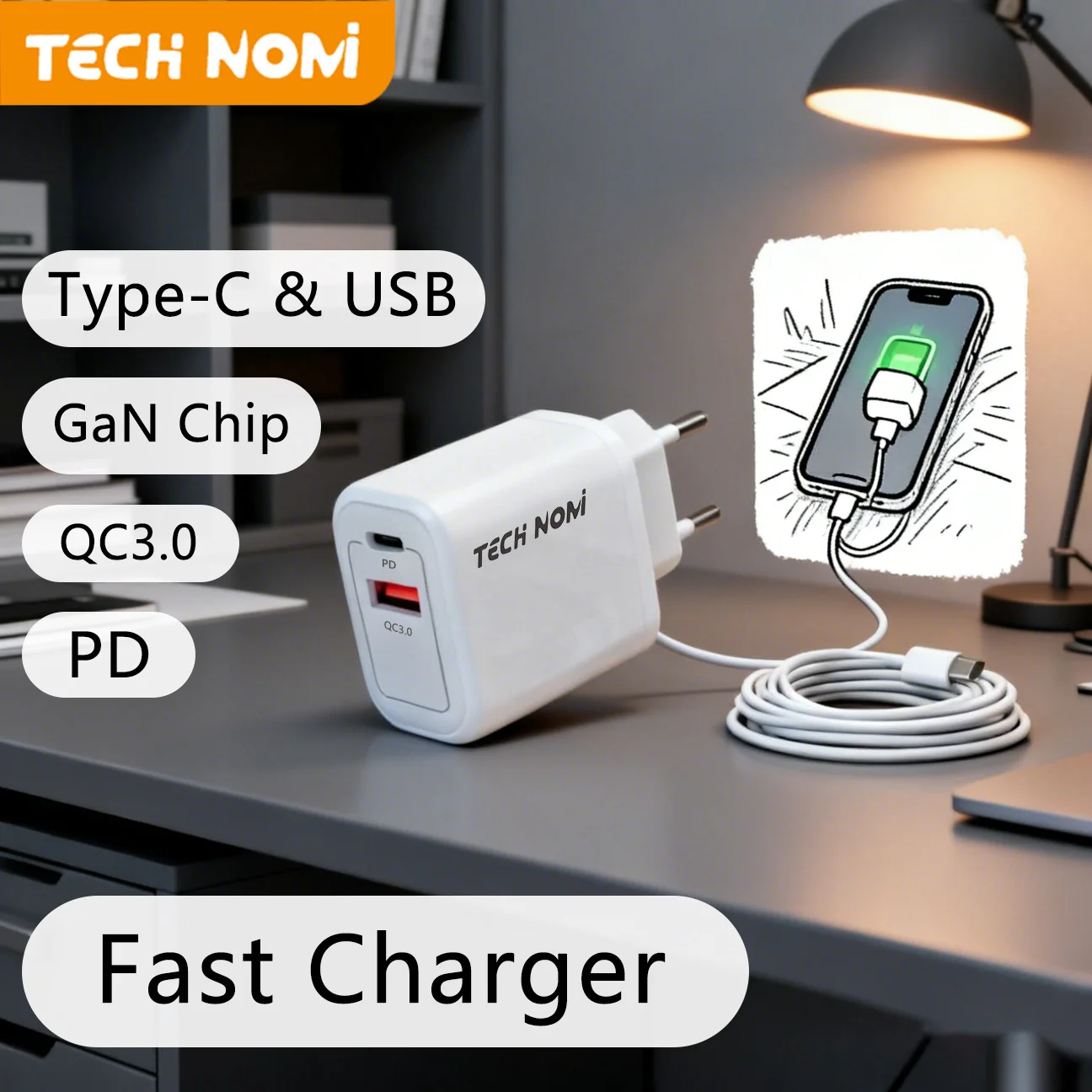 

Двухпортовое настенное зарядное устройство Tech Nomi USB + Type-C, быстрое зарядное устройство европейского стандарта, технология GaN для мобильных телефонов, USB-зарядное устройство Dev
