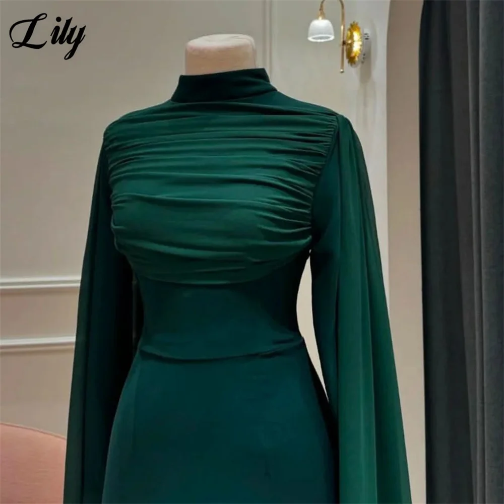 Lily Dark Green Elegant Formal Gown High - Neck Ruched Prom Dresses with Flowing Cape Sleeves Evening Dress for Women Customized image 3