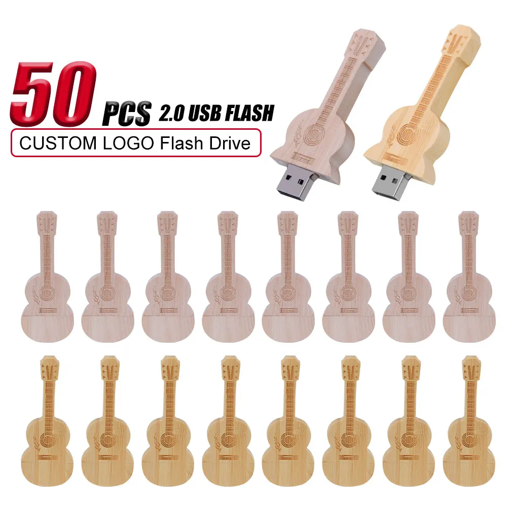 50 PCS LOT Wood Guitar USB Flash Drive 128GB Free Custom Logo Pen Drive 64GB Wooden Box Memory Stick Creative Gifts U Disk 32GB