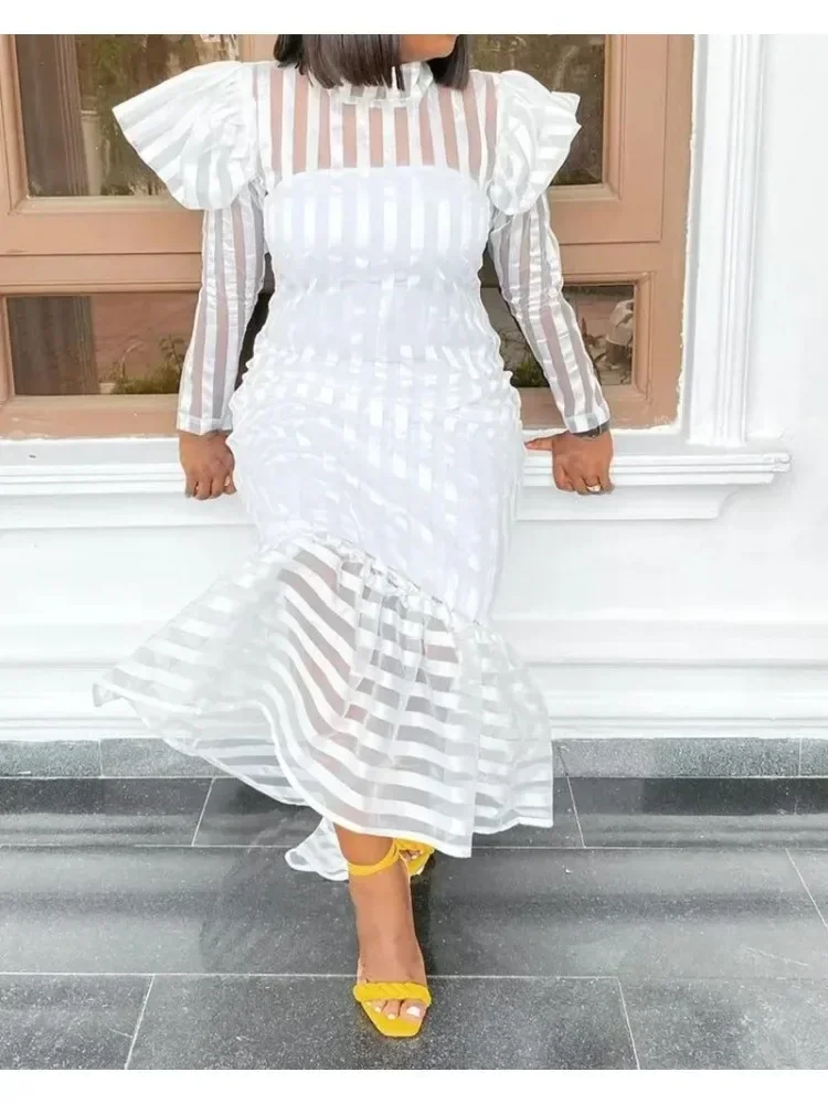 

White African Dresses for Women Summer 2021 New African Women Long Sleeve Dress African Clothes Women