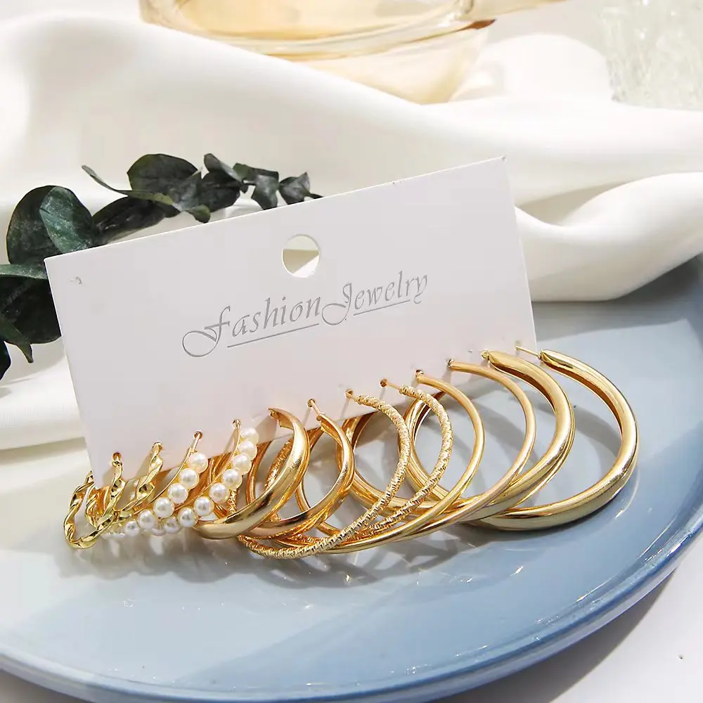 Boho Big Circle Hoop Earring Set for Women Gold Color Bohemia Vintage Pearl Square Earring Heart Zircon Ear Studs Jewelry image 4