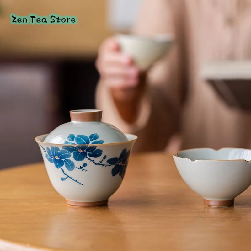 Pure Hand-painted Blue And White Magnolia Tea Bowl Ceramic Tea Bowl Cover Bowl Single Tea Cup Kung Fu Tea Set Home