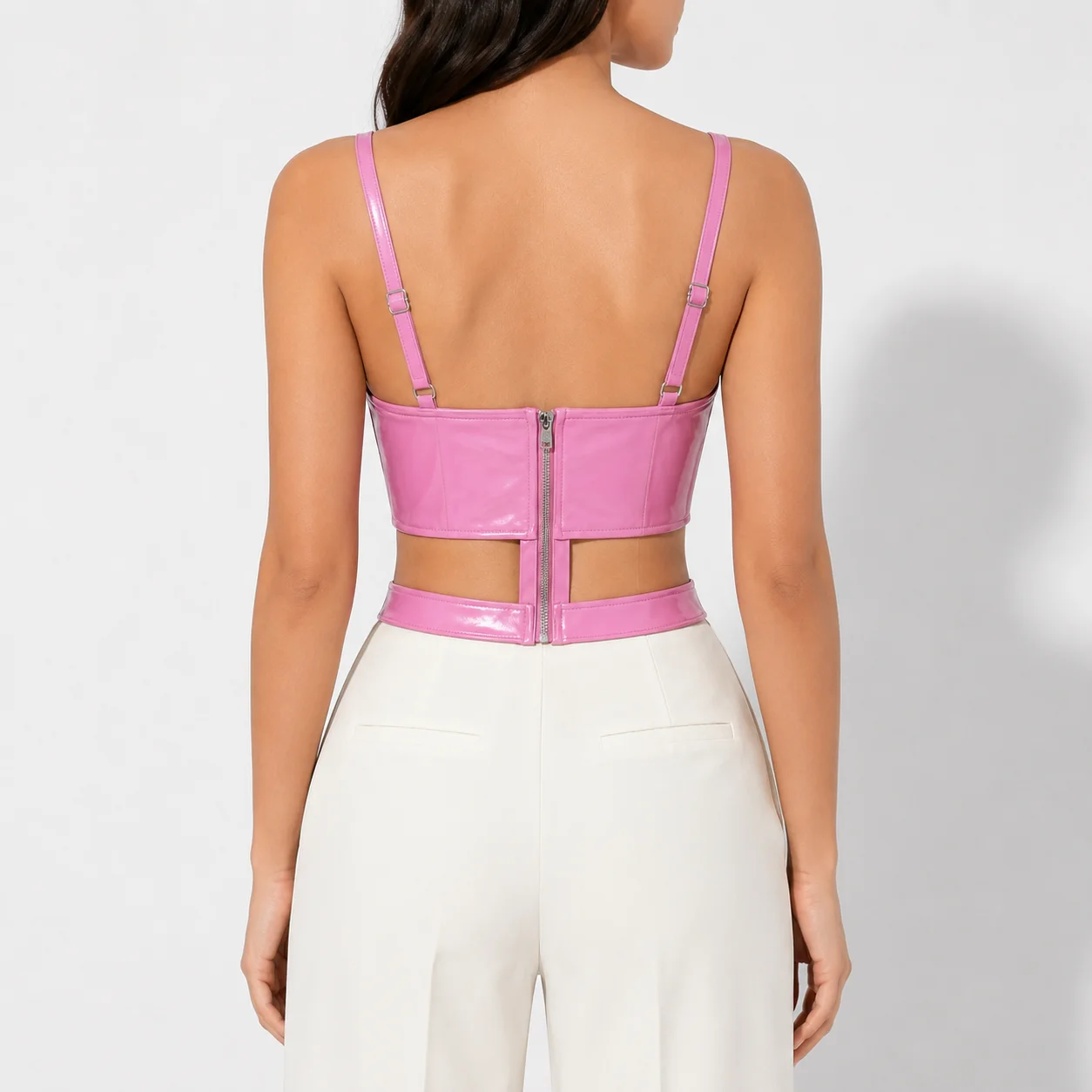 Sexy Pink Patent Leather Bustier Top Women Thin Straps Waist Cutout Underwire Form Fitting Tank Top