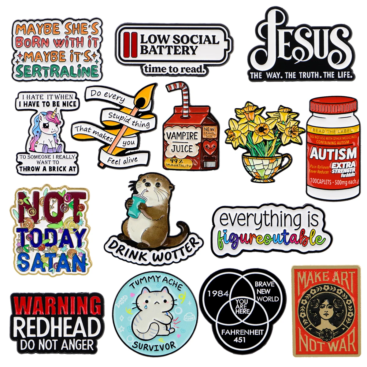 Low Social Battery Funny Jesus Quotes Enamel Pin Cartoon Cat Otter Brooches Lapel Badges Narcissus Jewelry Gifts for Friends