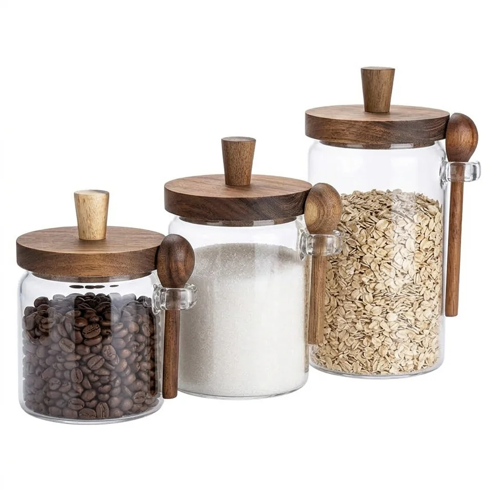 Airtight Glass Storage Jars with Wooden Lid  Spoon High Borosilicate Kitchen Canisterrs for Coffee, Pasta, Sugar, Food Container