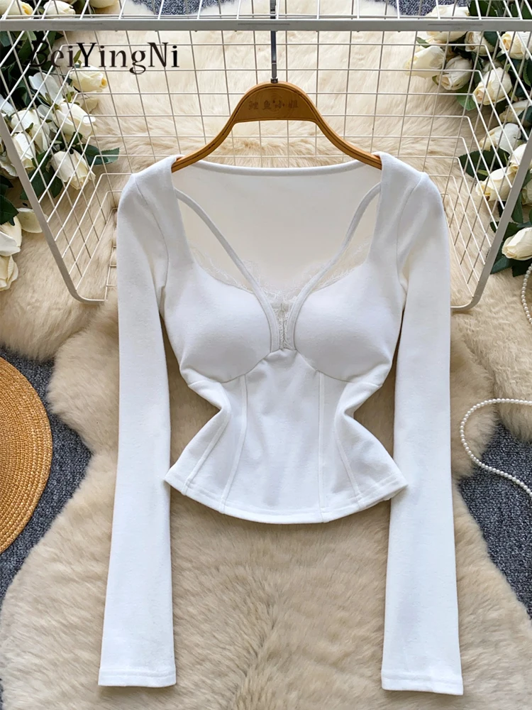 

Beiyingni 2025 Spring Autumn Women's T-shirts White Sexy Y2K Hollow Out Lace Splice Top Slim Basic Black Harajuku Chic Teeshirts