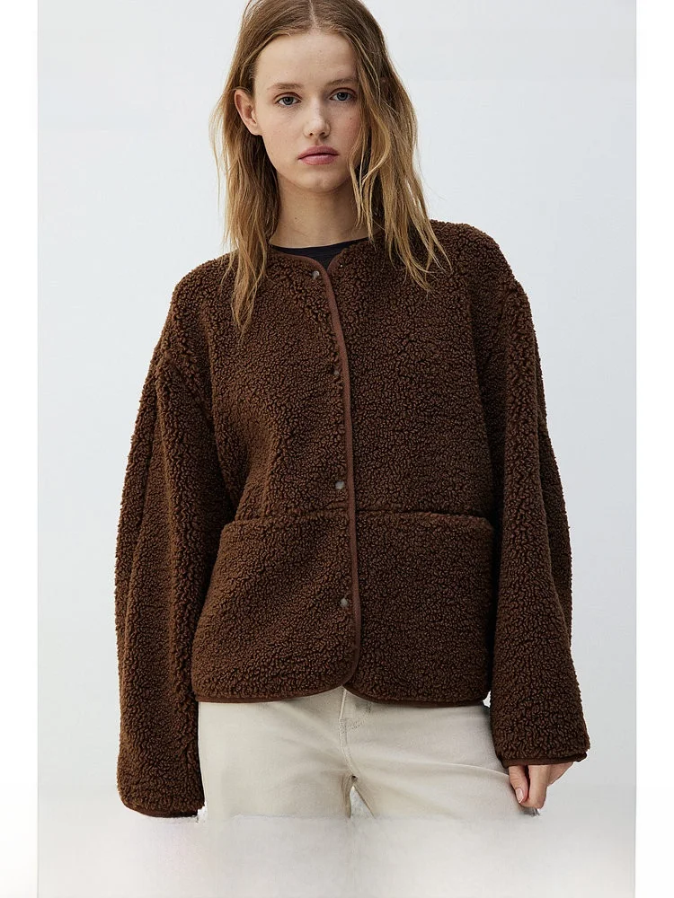 

H&M Women's Teddy Fleece Casual round Neck Jacket Comfortable Simple Short Outerwear 1228915 Loose Fit Polyester Fiber