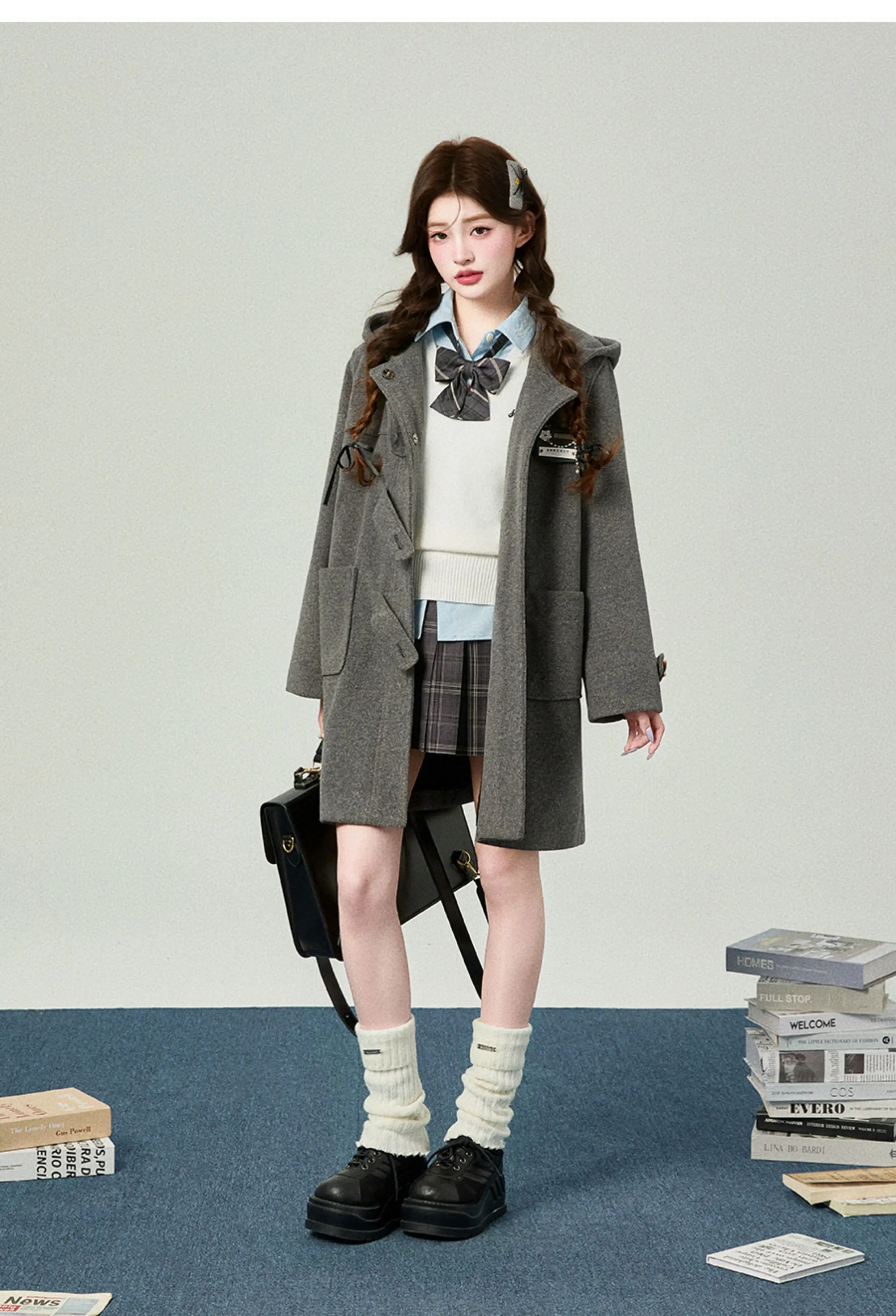 秋冬新作 韓国風 カレッジ風 ホーンボタン ホワイト ピンク ミドル丈 ウールコート ルーズ カジュアル グレー フード付き 中綿ジャケット