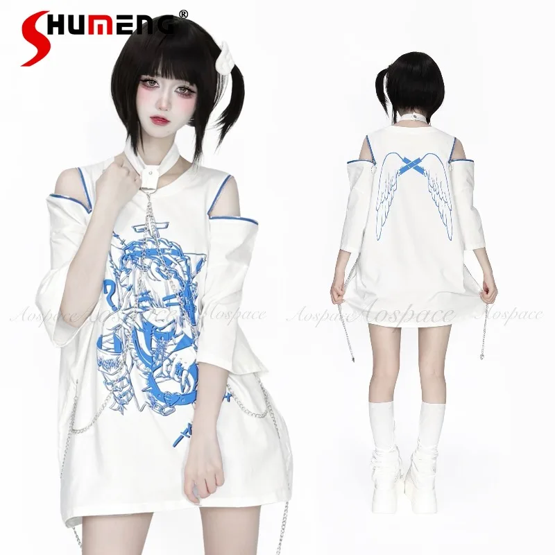 

Japanese Style Cool Off-Shoulder Tshirt Subculture Cartoon Print Halter Neck Off-Shoulder T-shirts Short Sleeves Pullover Tees