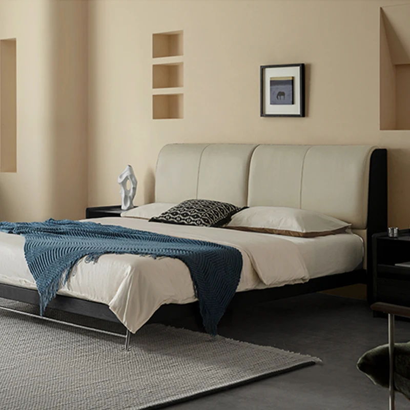 #Italian Modern King/Queen Size Double Leather Eco-friendly Hypo-Allergenic Soft Bed Storage Rice White Chipboard Frame Bedroom