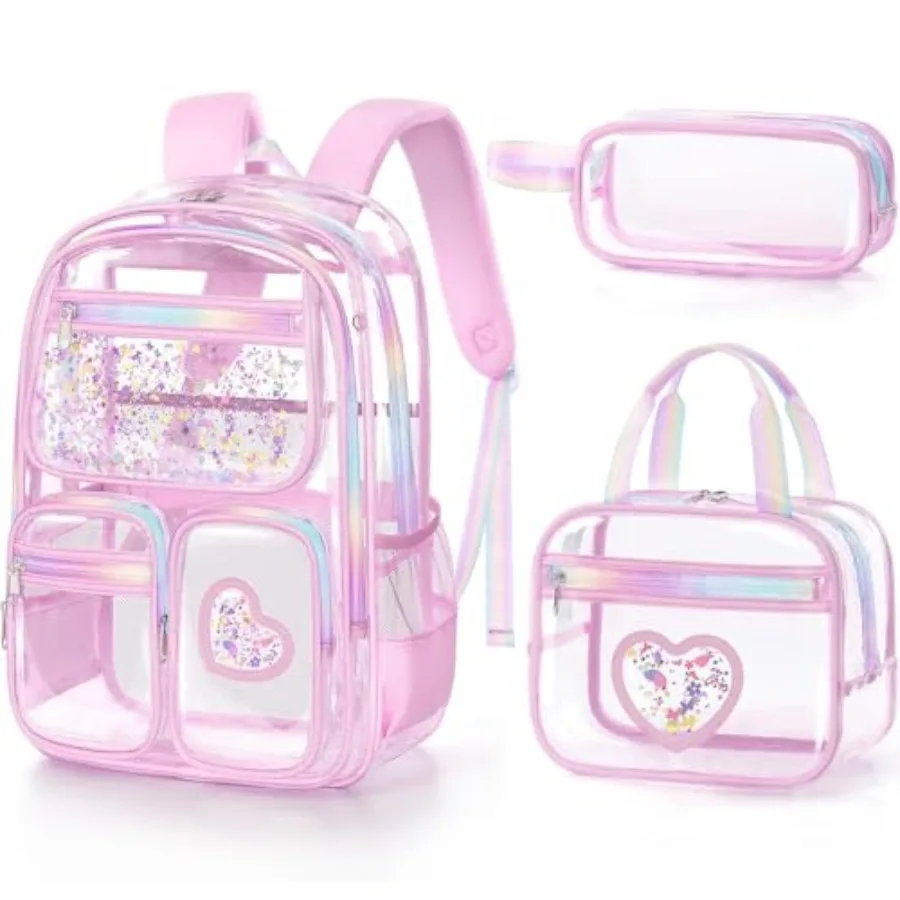 

Clear Backpack for Girls, 3PCS Heavy Duty PVC Transparent Backpack for Teen Girls, School Concert Stadium Approved See Through