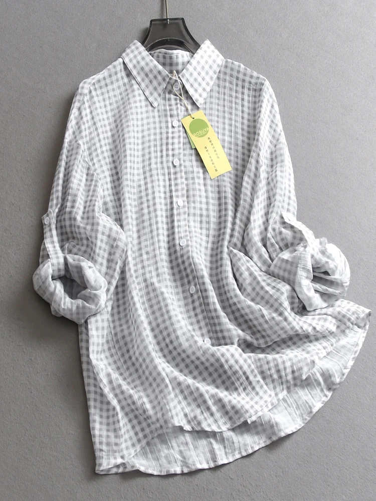 Ultra-Thin Long-Sleeve Sun-Protective Shirt Women's Loose Fit Shirt Summer New Style Checkered Pattern Turn-Down Collar Coat