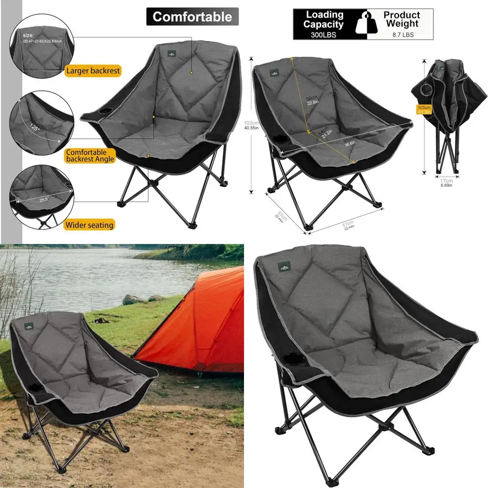 

Portable Folding Camping Chair with Padded Seat and Cup Holder, Ideal for Outdoors, Beach, Hiking, and Picnics, Black