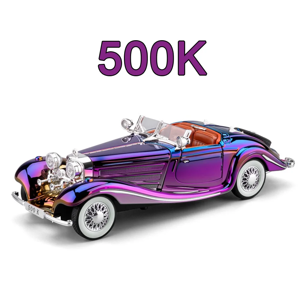 1:24 Benz 500K Models Cars Alloy Diecast Toys Wheel Pull Back Miniature Vehicle with Light Music Car Model for Kids' Edutainment