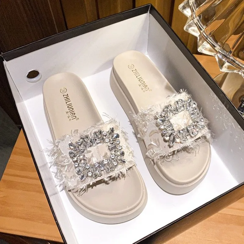 2024 rhinestone crystal buckle slippers women brand design crystal double flip flops female platform slides sandals big size 40