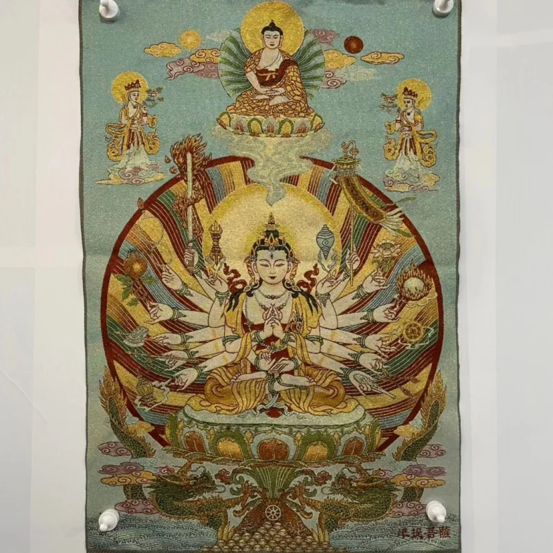 Factory Wholesale Vintage Brocade Thangka Embroidered Painting Tibet Thousand-Hand Kwan-Yin Painting Brocade Cloth Painting One