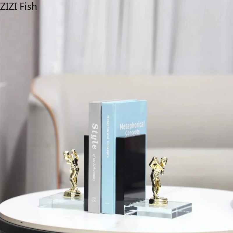 Geometric Crystal Sculpture Metal Golden Man Book Stand Bookshelf 2-piece Set Ornament Home Decoration Crafts Figurines Gifts