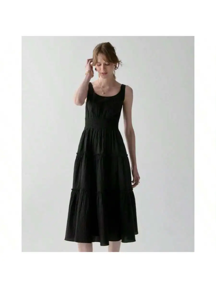 

Tiered Midi Dress Women Seersucker Sleeveless Outdoor Dress