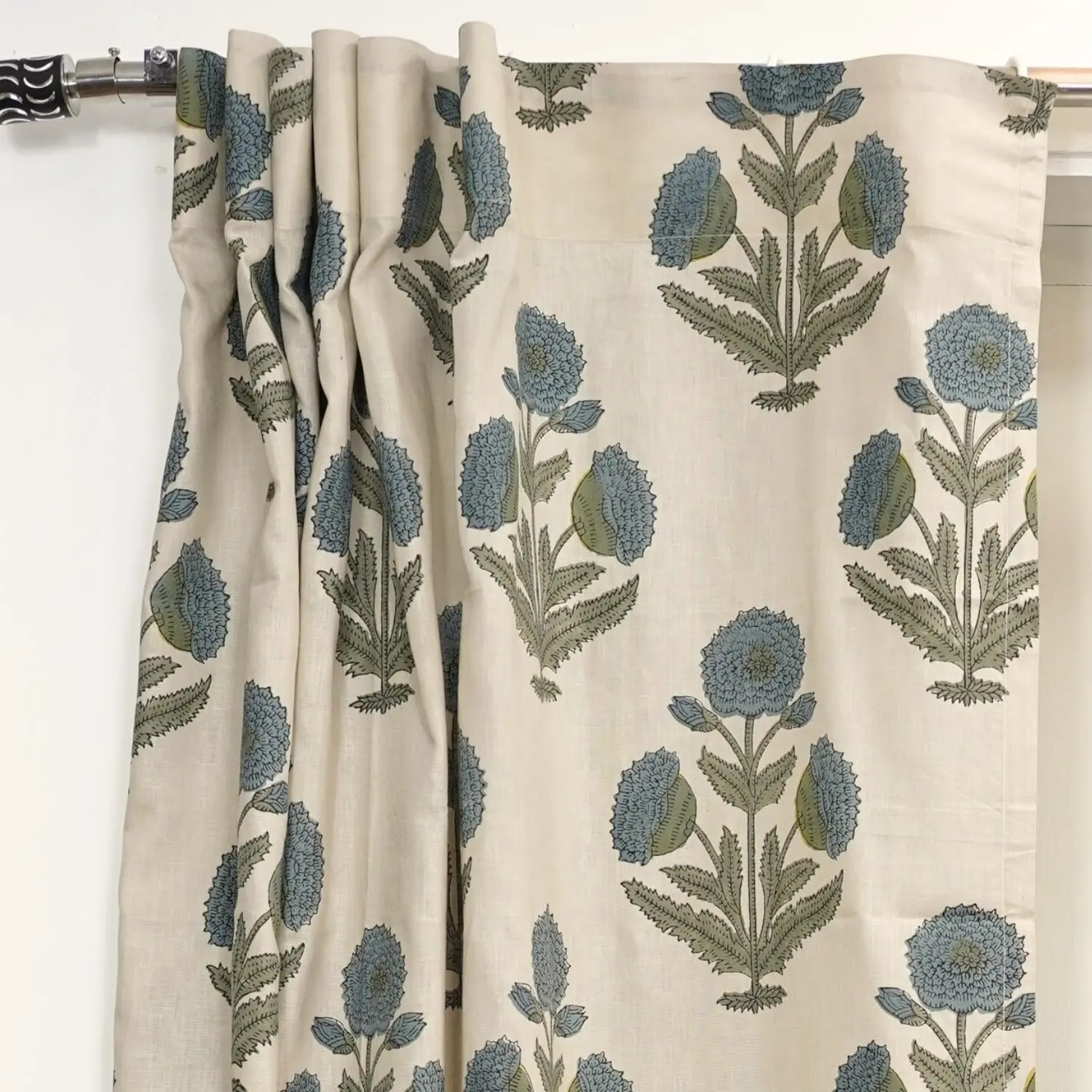 Handmade Block Floral Printed Viscose Colored Linen Drape 34 Width x 45 Length Ring or Hook Curtain Idel for Home Décor