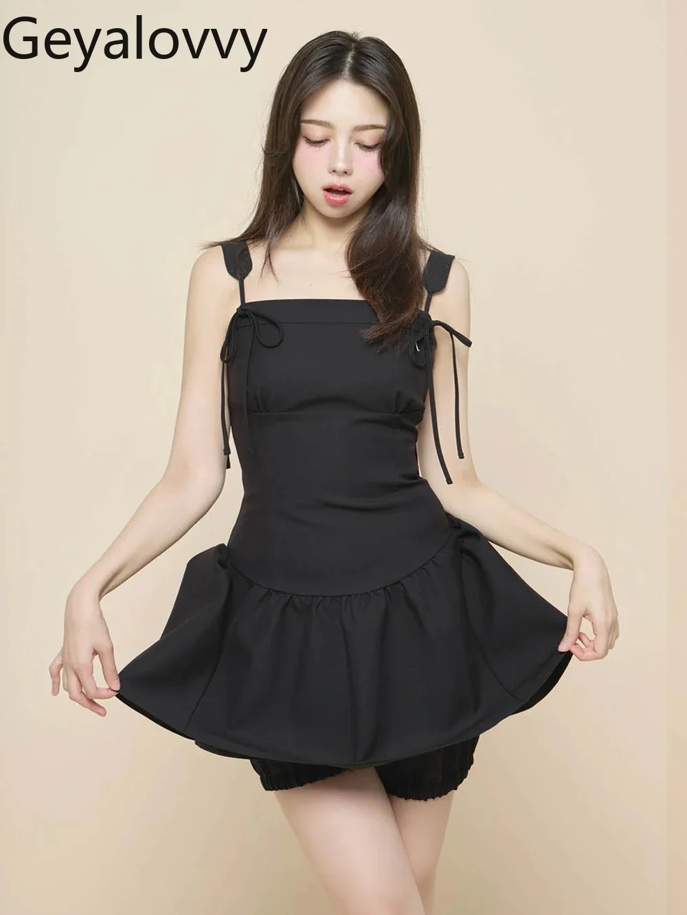 

Two Piece Sets Womens Outifits Bow Shoulder Strap Slim Fit Puffy Vest Dress + Short Pants Set Fashion Summer Casual Suit