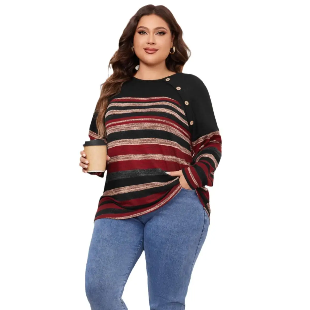 Swedi irt lungo a righe grandi da donna taglie forti motivo geometrico poliestere ort Sve irt vestibilità regolare estate Faion