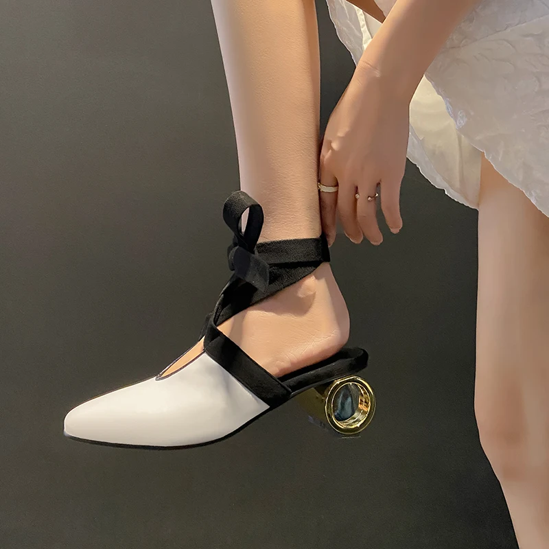 2024 Classics Cross-tied Women\'s Pumps Genuine Leather Round Toe Platform Med Heels Retro Dress Party Casual Lady Shoes Footwear