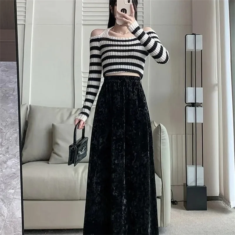 2025 femmes mode jupes décontractées automne hiver dames taille haute Maxi jupe rétro féminin mi-longue doré velours longues jupes
