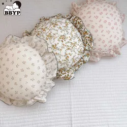 Korean Floral Cotton Round Baby Pillow With Ruffles Muslin Kids Cushion Baby Newborn Bedding Pillows Cushions Room