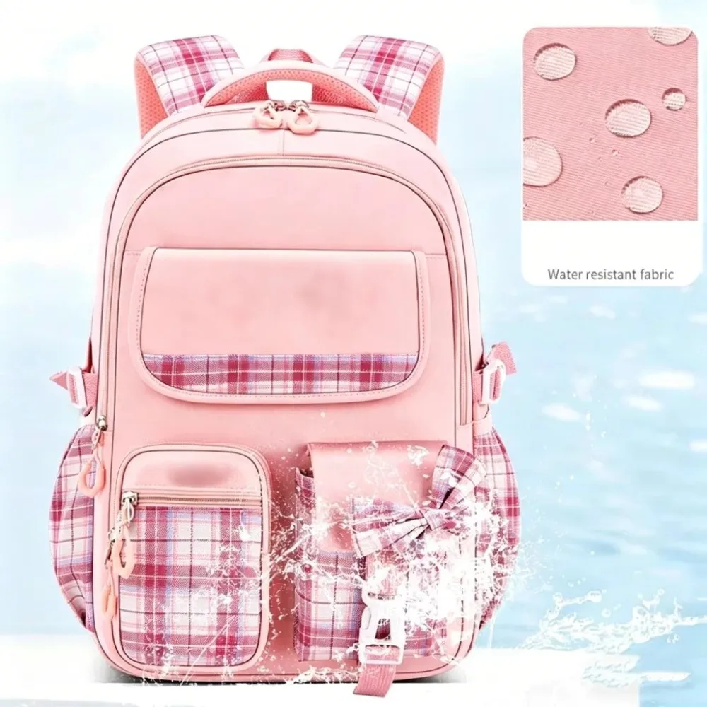 Spine Protection Large Capacity School Backpack Plaid Bow Backpack Breathable Lightweight Student Backpack School