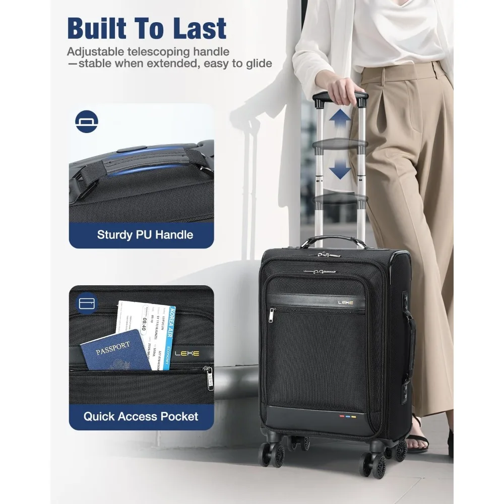 20-дюймовый чемодан для ручной клади Softside, одобренный авиакомпанией и колесами для мужчин и женщин — дорожный деловой чемодан черного цвета