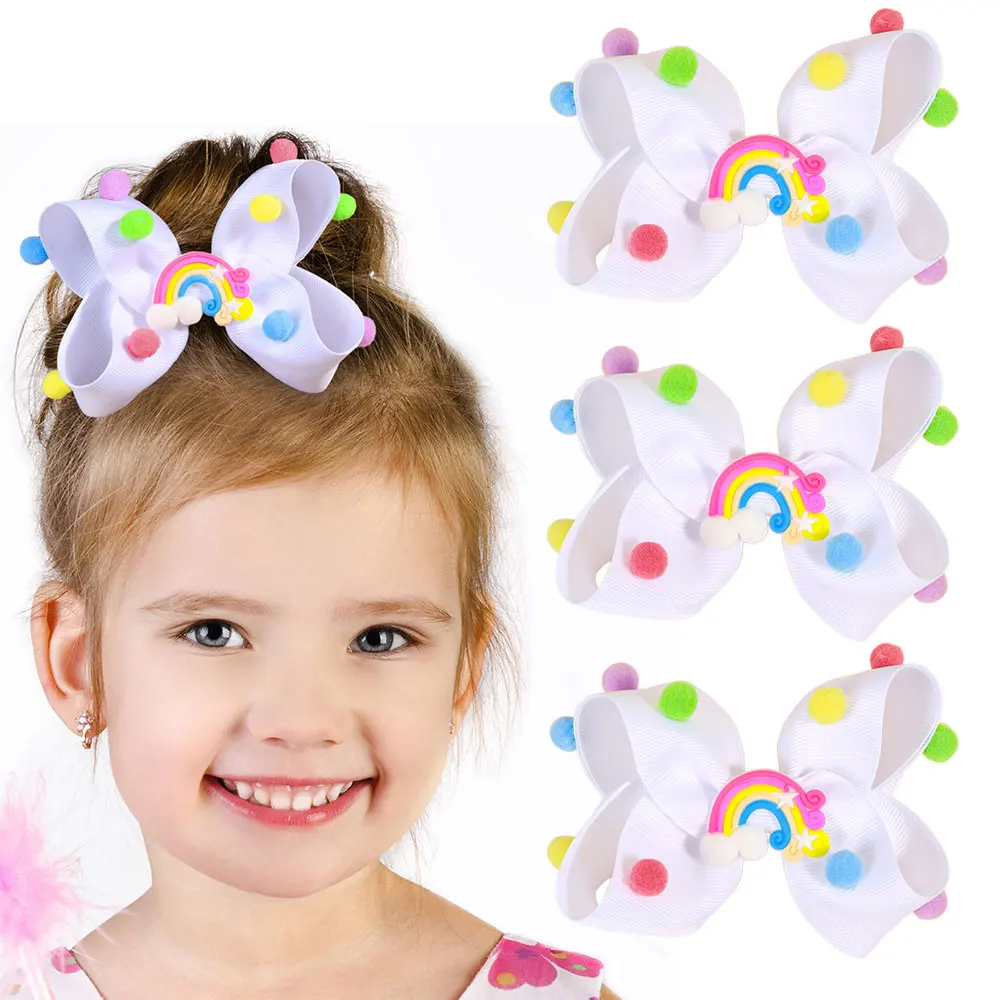 2PCS Fashion Ribbon Bow Hairpin Cute Pompon Bowknot Hair Clips Handmade Kids Barrettes Headwear Girls Hair Accessories