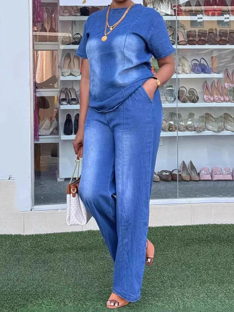 Summer Women's Washed Denim Set American Casual Fashion Loose Round Neck Short Sleeve Top Straight Leg Pants Casual Sets