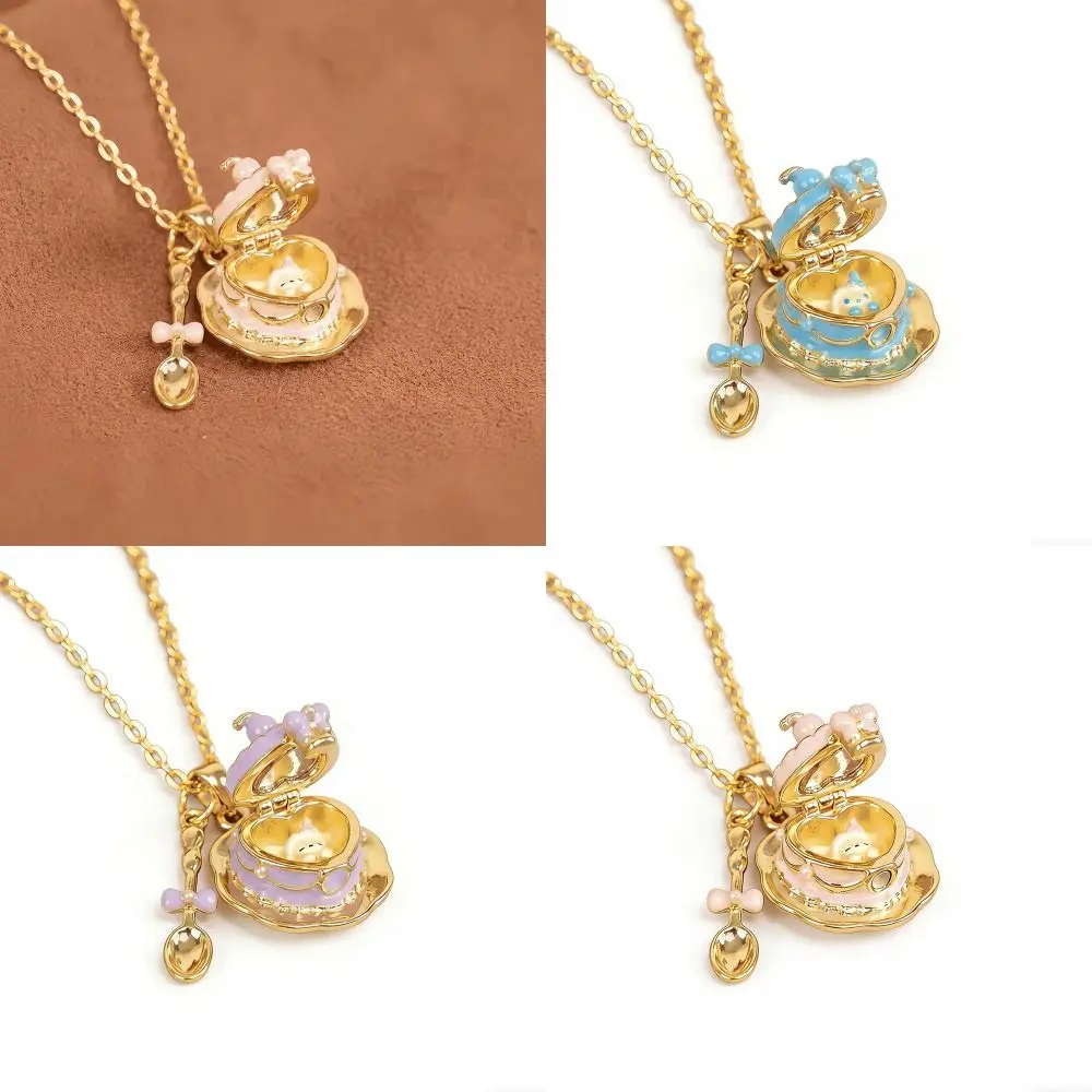 Cartoon Teaspoon Pendant Copper Enamel Sweet Teaspoon Box Shaped Exquisite with Opening and Closing Lid Clavicle Chain