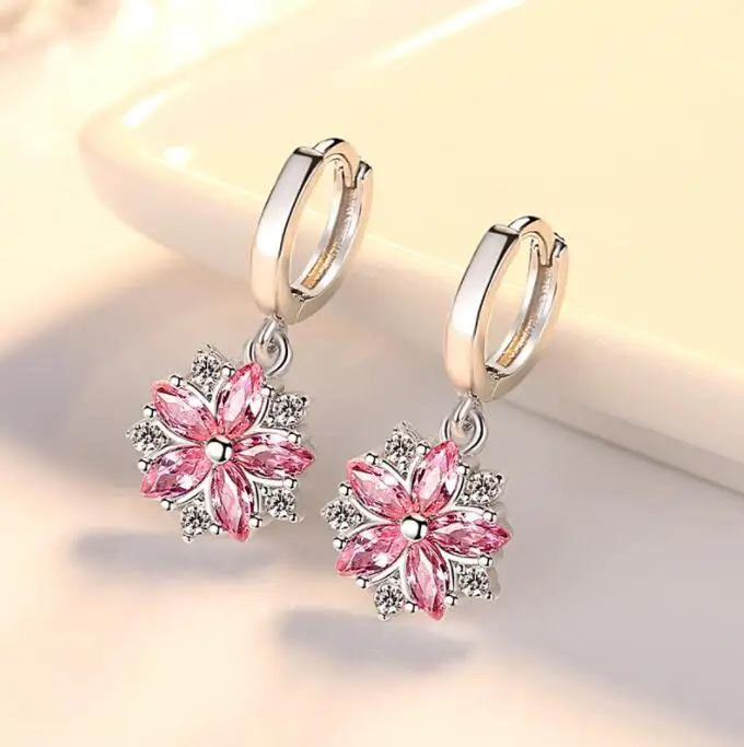 Fashion Child 925 Silver Pink Zirconia Cute Flower Hoop Earrings Girl Women Beautiful Huggies Earring Jewelry Anti-Allergic E198