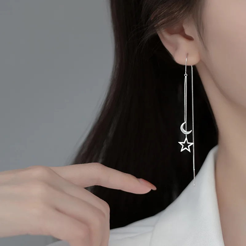 Trend Long Wire Tassel Thread Chain Climb Hollow Star Moon Pendants Drop Earrings Women's Straight Hanging Earings Jewelry