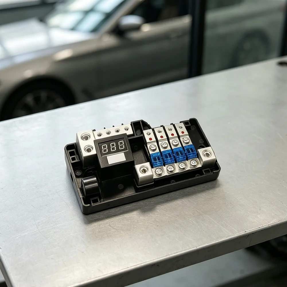 4-Way Fused Car Audio Distribution Terminal with Digital Voltage Display and 8mm 4GA 5mm 8GA Output Terminal Options