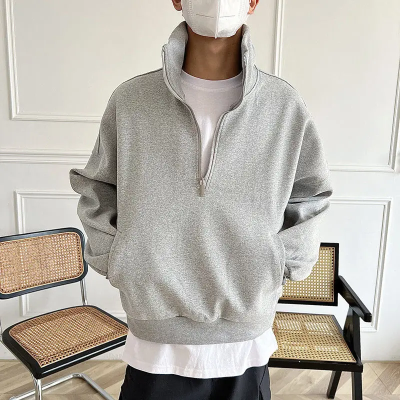 Korean Harajuku High Street Solid Color Half Zipper Stand Collar Pullover Sweatshirts for Men Jacket Loose Casual Sweatshirt