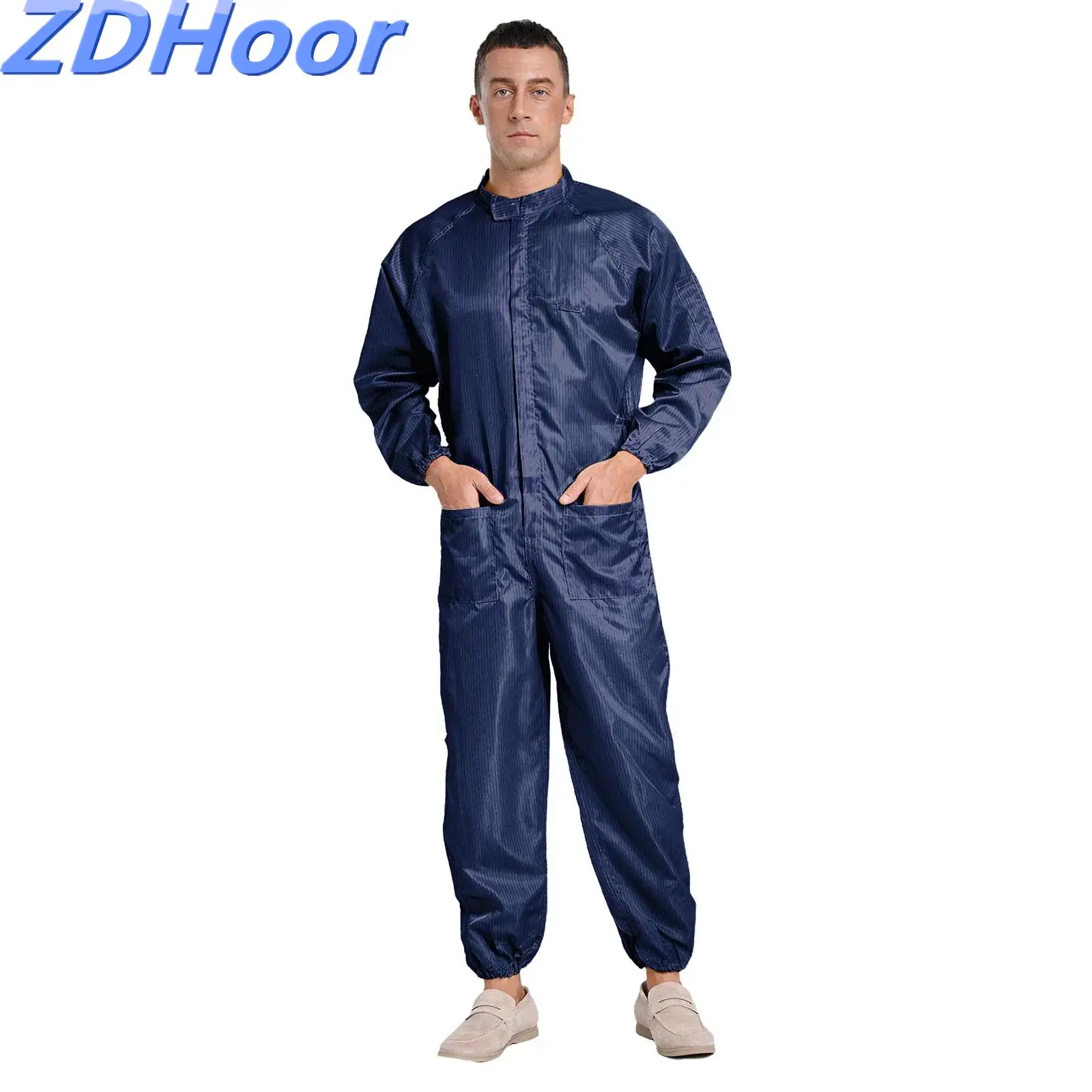 Mens Dustproof Jumpsuit Anti-static Coveralls Stand Collar Front Zip Full-body Overalls One Piece Uniform for Workshop Worker