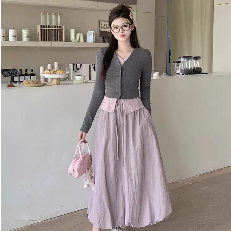 

Women's Korean Style Long Dress Set Autumn Winter New Fashion High Waist Button Closure V-Neck Elastic Fabric Color