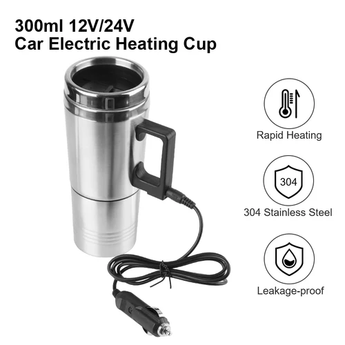 Imagen 1 del producto Taza calefactora para vehículo, hervidor eléctrico para coche, hervidor de viaje para acampar de acero inoxidable, 12V/24V, 300ml