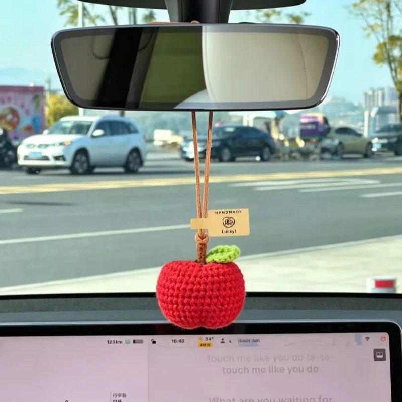 Handmade Crochet Apple Car Rearview Mirror Ornament, Christmas Apple Creative Fashion Hanging Decoration