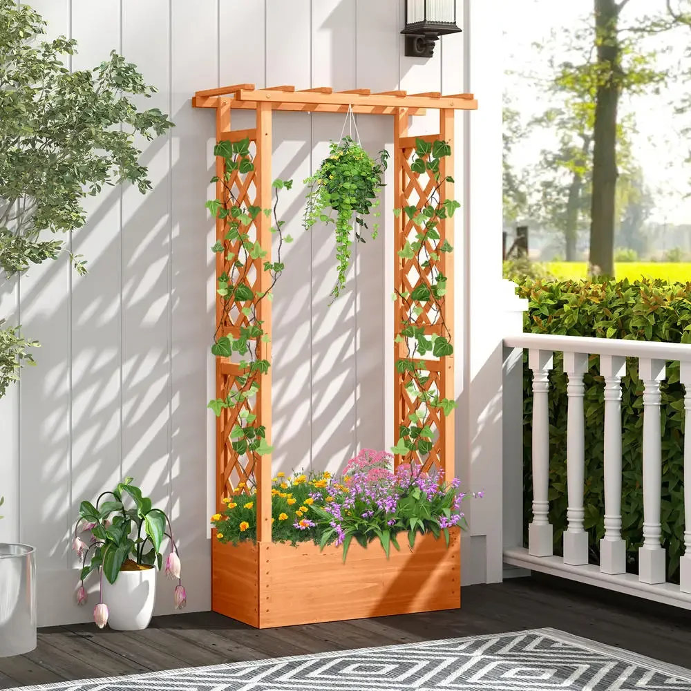Raised Garden Bed With Side Trellis And Hanging Roof And Drainage Hole-Orange
