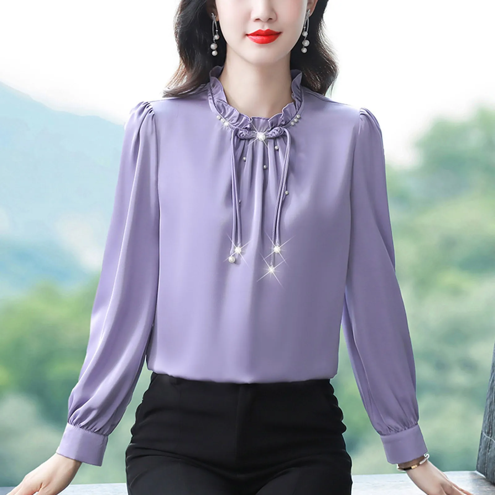 2024 New Women\'s Shirt Elegant French Standing Collar Plate Button Chiffon Shirt Fashion Solid Color Long Sleeve Commuter Blouse