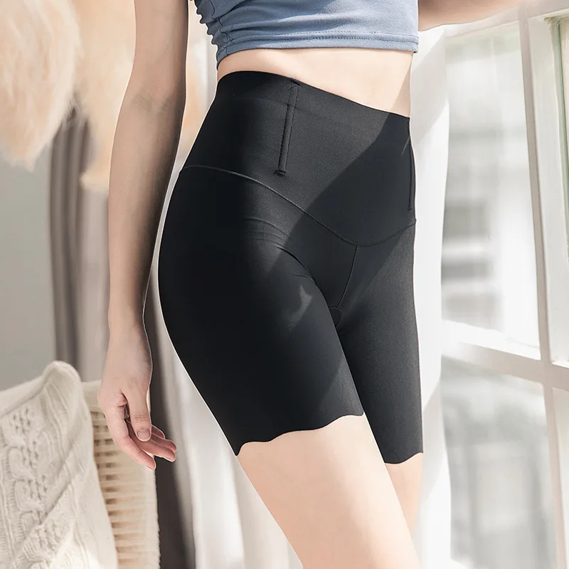 

Women's New Ice Silk High Waist Tummy Safety Pants Traceless Anti-light Shorts High Elastic No Rolled Five-point Leggings