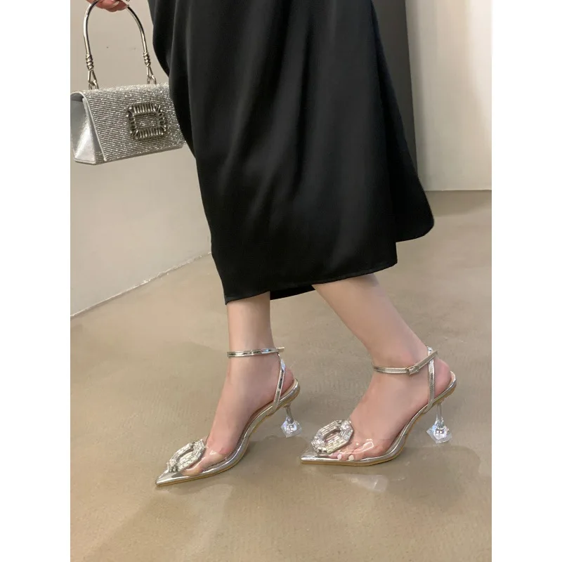 Beige Heeled Sandals Low-Heeled Shoes With Strap 2024 Women's Black Low-heeled Closed Fashion New High Comfort Pointed Rhineston